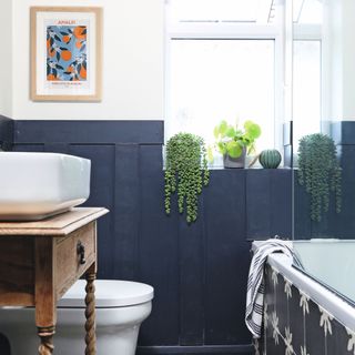 Dark wall panelled bathroom with decorative flooring, hanging wall art, plants
