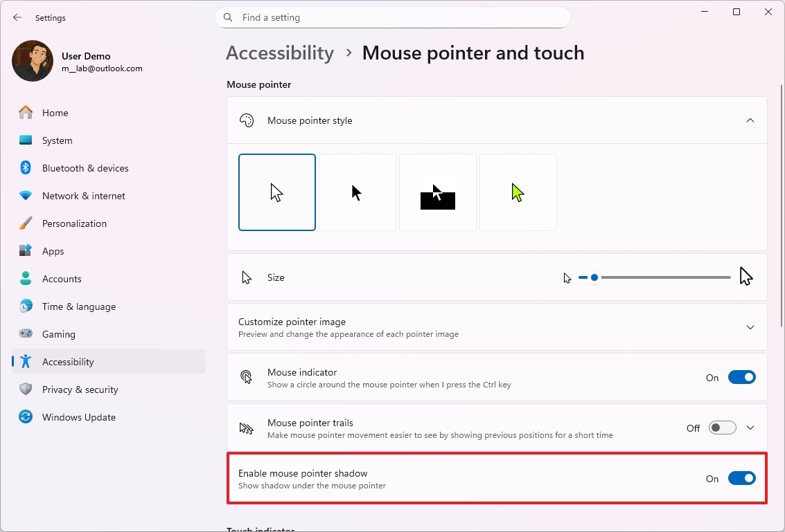 Enable mouse pointer shadow