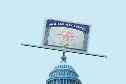 A Social Security card balances on top of the U.S. Capitol