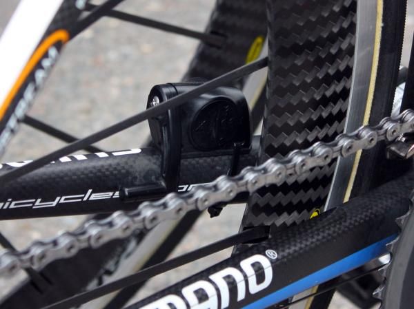 Garmin-Transitions rider Murilo Antoni Fischer has a supplemental direct-measurement speed and cadence sensor mounted on his chain stay to supplement his GPS-enabled Garmin Edge 500 computer.