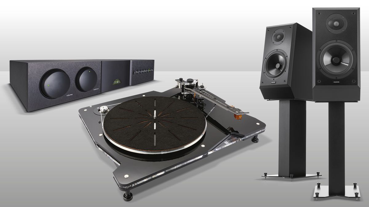 Vertere DG-1 S turntable, Naim Supernait 3 amp and Epos ES14 speakers on grey background