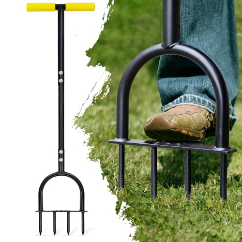 Colwelt Lawn Spike Aerator, Gardening Lawn Aerator for Compacted Soils and Lawns, Non-Slip T-Handle Grass Spike Aeration With Four 9cm Solid Steel Spikes, 96cm