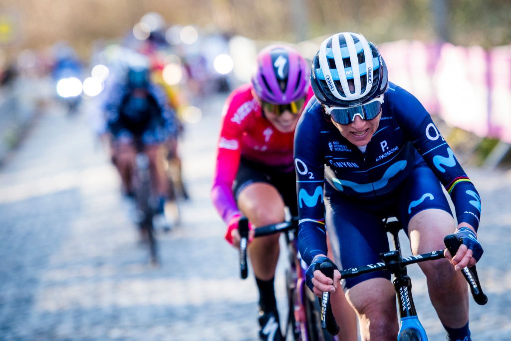 Dutch Annemiek van Vleuten of Movistar Team and Dutch Demi Vollering of SD Worx pictured in action during the womens elite race of the Omloop Het Nieuwsblad oneday cycling race 1284km from Gent to Ninove Saturday 26 February 2022 BELGA PHOTO JASPER JACOBS Photo by JASPER JACOBSBELGA MAGAFP via Getty Images