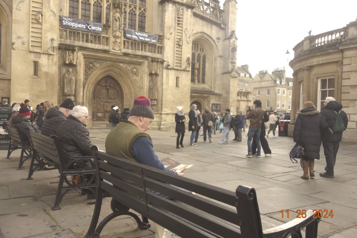 Street scene in the city of Bath, UK, with retro photo picture effect