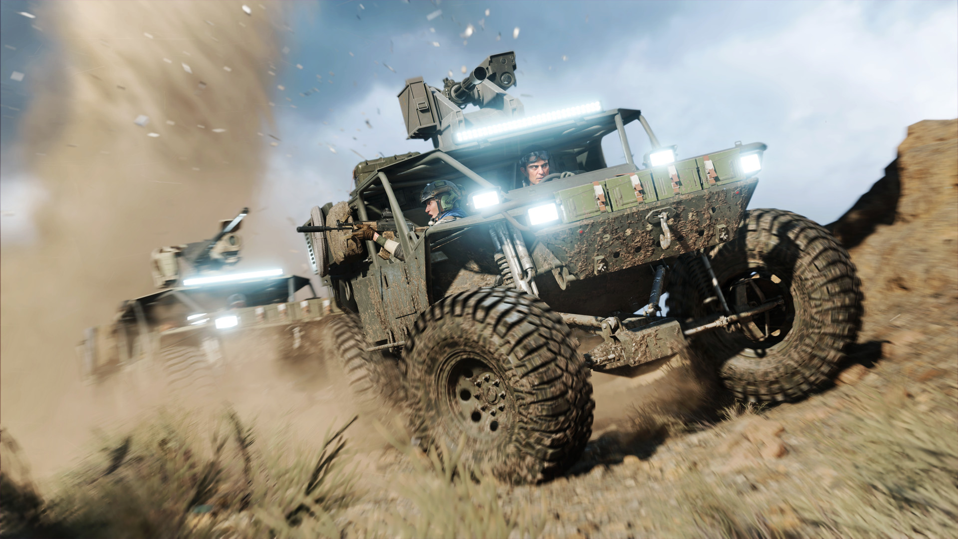An armored car driving along a dirt road in Battlefield 2042
