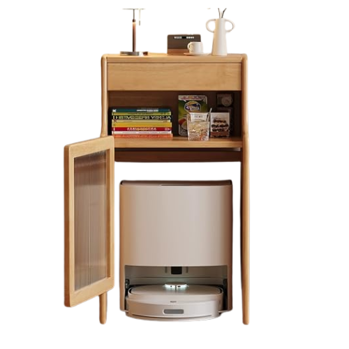 Vacuum Hidden Cabinet for Sweeping Robots, Solid Wood Modern Robot Vacuum Cabinet With Tempered Glass Doors and Drawers, Vacuum-Storage Cabinet With Dividers for Living Room, Bedroom, Kitchen(beige)