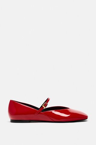 Faux Patent Ballet Flats With Ankle Strap