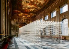 Melek Zeynep arched installation render, created for London Design Festival 2024 and shown here in the frescoed interiors of the Royal Naval College’s Painted Hall