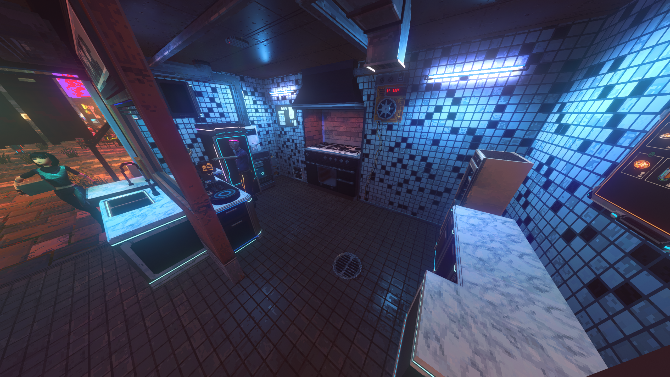 Nivalis Nights - A kitchen layout in Ramen Noir that's been changed with sink in front, food processor at the window.