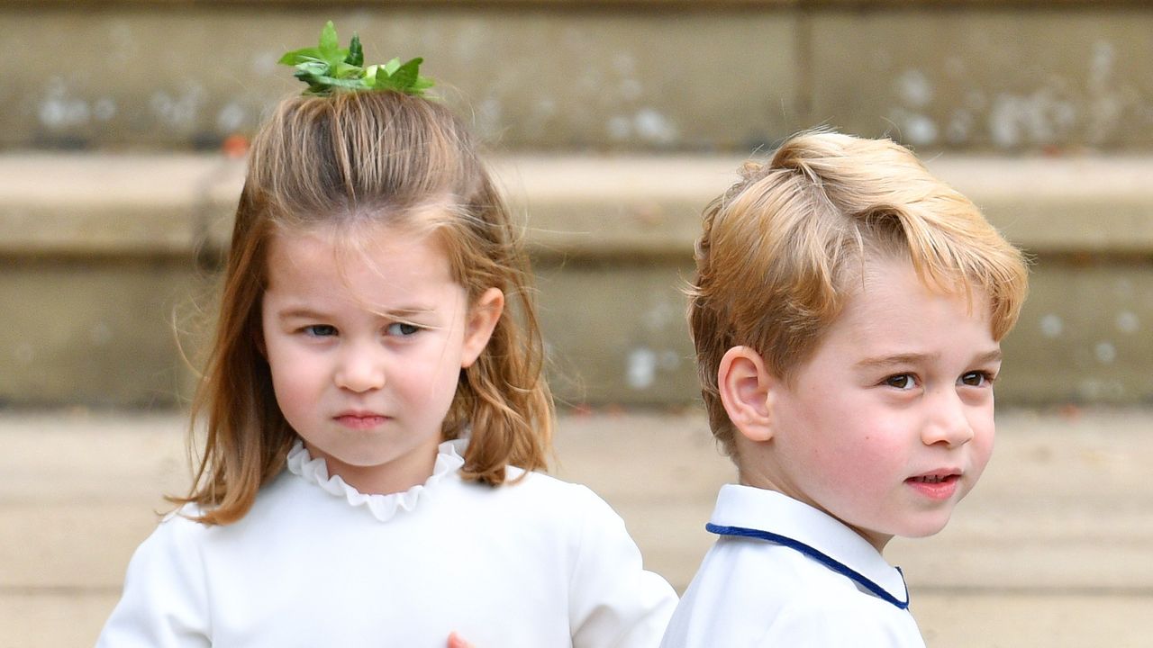 Princess Charlotte of Cambridge and Prince George of Cambridge attend the wedding of Princess Eugenie of York and Jack Brooksbank at St George&#039;s Chapel