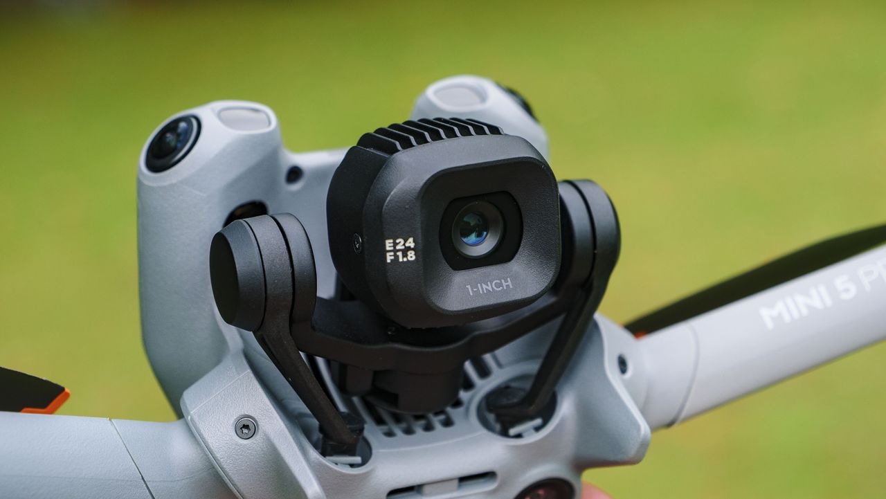 Close up of the DJI Mini 5 Pro drone's camera