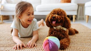 Funny dog jokes - child lying down next to dog laughing together