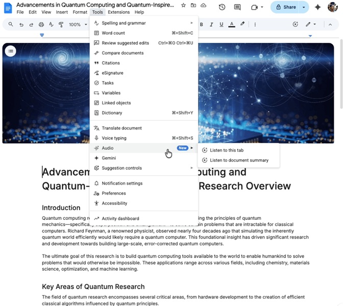 Google Docs receives some Gemini aid in the form of "audio summaries" for documents.