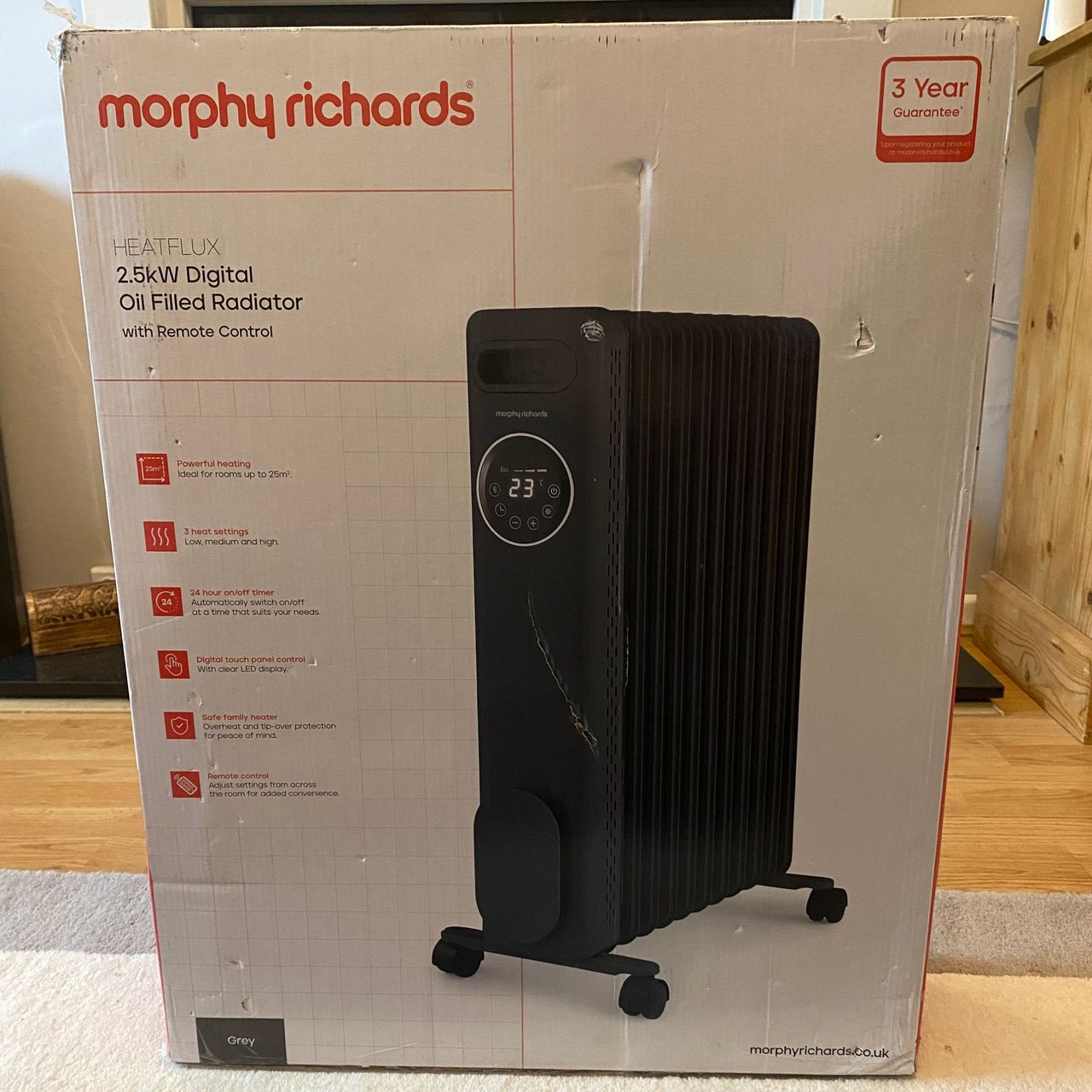 Outer packaging of the Morphy Richards HeatFlux 2.5kW Digital Oil-filled Radiator in my living room