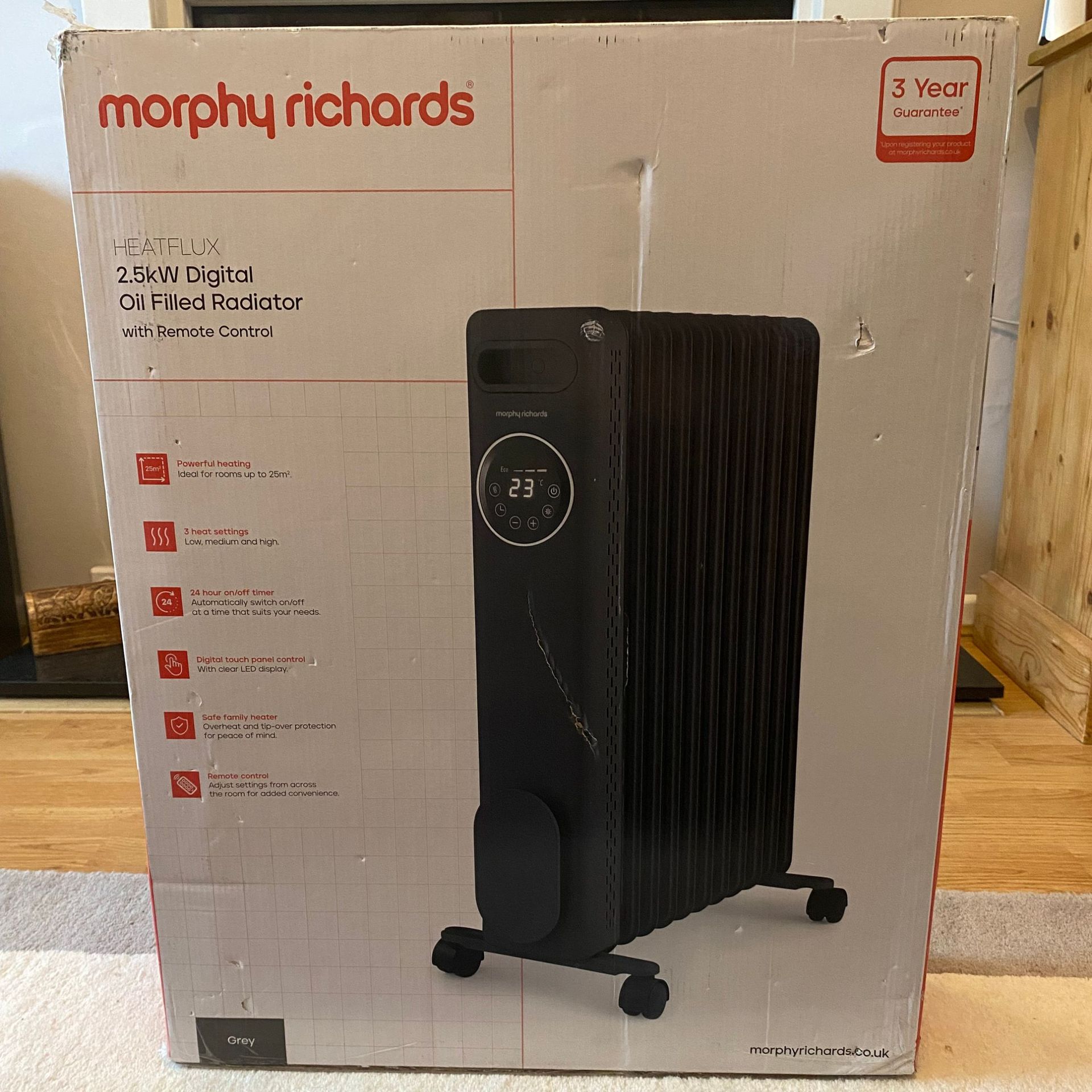 Outer packaging of the Morphy Richards HeatFlux 2.5kW Digital Oil-filled Radiator in my living room