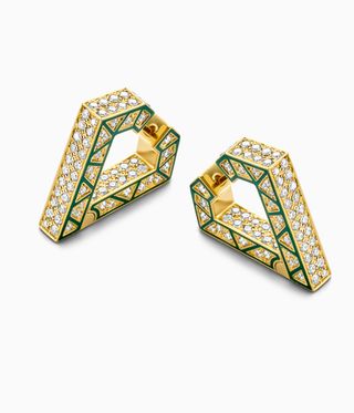 Two heart shaped gold diamond and green border earings.