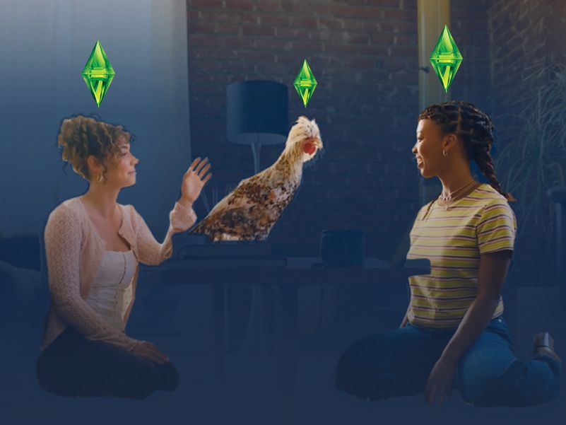 Two people and a chicken with Sims plumbobs above their head