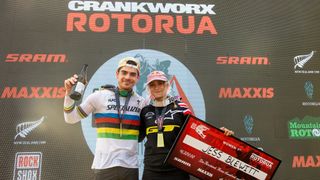 Loic Bruni and Jess Blewitt on the podium at Crankworx world tour round one