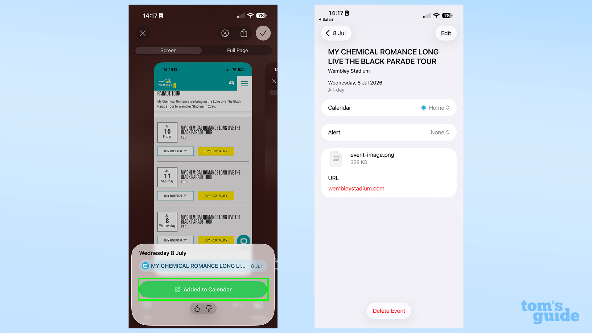 Apple Visual Intelligence added to the calendar confirmation and the event as shown in the Calendar app