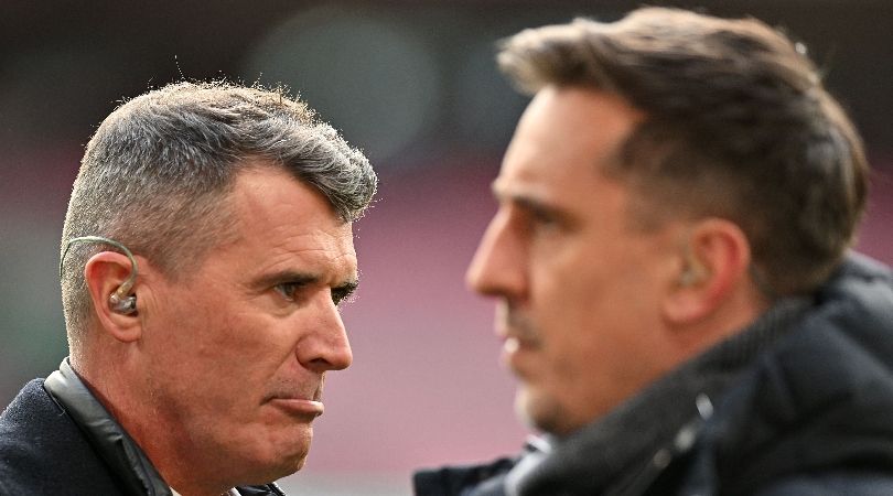 Roy Keane and Gary Neville working on television for the Carabao Cup final between Manchester United and Newcastle in February 2023.