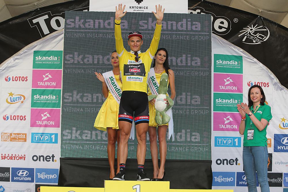 Marcel Kittel (Giant-Alpecin) on the podium as the overall race leader at the Tour de Pologne