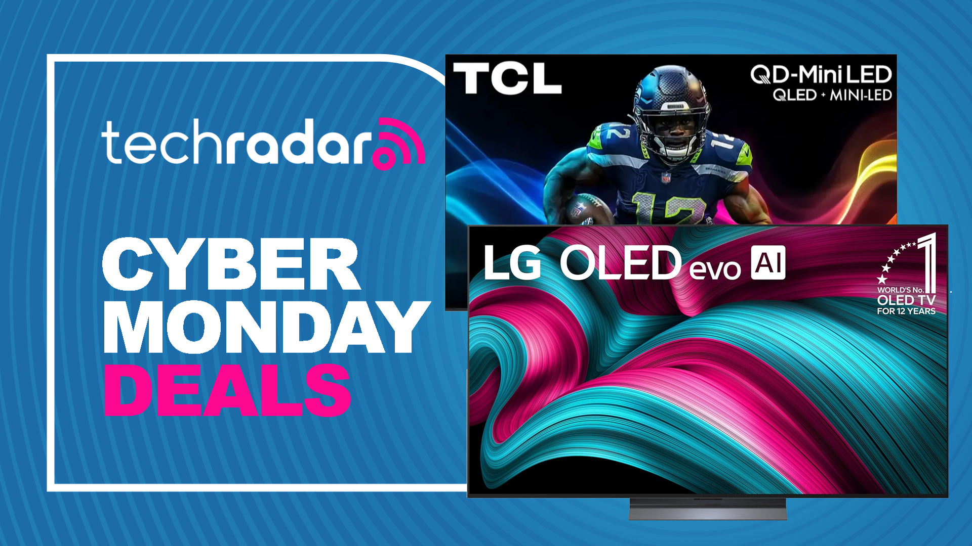 LG and TCL TVs with a sign saying Cyber Monday deals