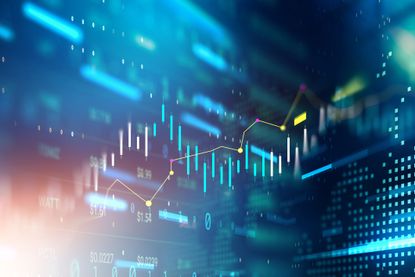 closeup of digital rendition of stock chart with yellow moving average and teal bars