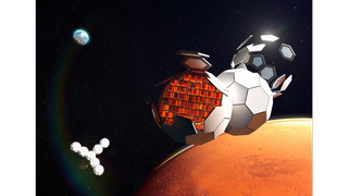 Artist’s depiction of a future TESSERAE self-assembling space station in orbit around Mars.