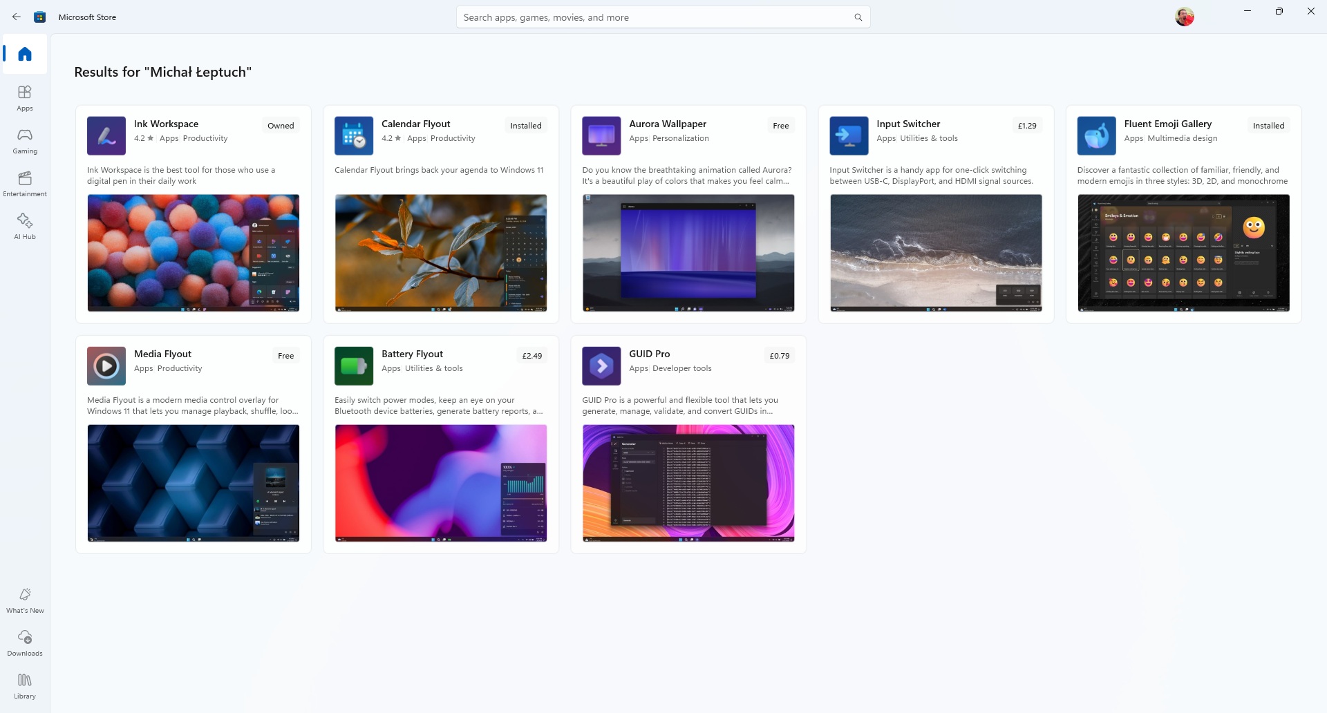 Windows 11 apps by Michał Łeptuch in the Microsoft Store.