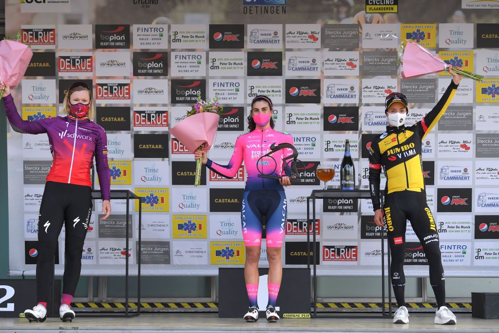 OETINGEN BELGIUM MARCH 14 Podium Jolien Dhoore of Belgium and Team SD Worx Elisa Balsamo of Italy and Team Valcar Travel Service Marianne Vos of Netherlands and Jumbo Visma Team Celebration during the 1st GP Oetingen Womens Elite a 120km race from Oetingen to Oetingen Mask Covid Safety Measures gpoetingen on March 14 2021 in Oetingen Belgium Photo by Luc ClaessenGetty Images
