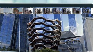 A laptop screen showing a Google Earth historical Street View image of the Vessel building in New York