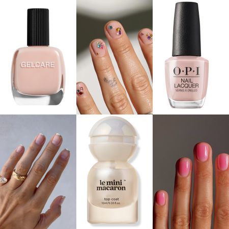 a carousel of six images, three of nail polish bottles in whites and nudes and four fingers in three of them with a subtle manicure