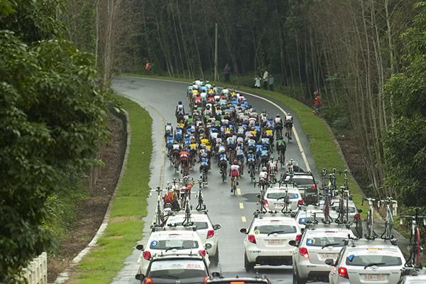 The peloton had to endure wet roads again on stage eight.