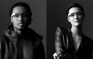 Models Lyndon and Monica wear a design prototype of Google's augmented reality glasses.