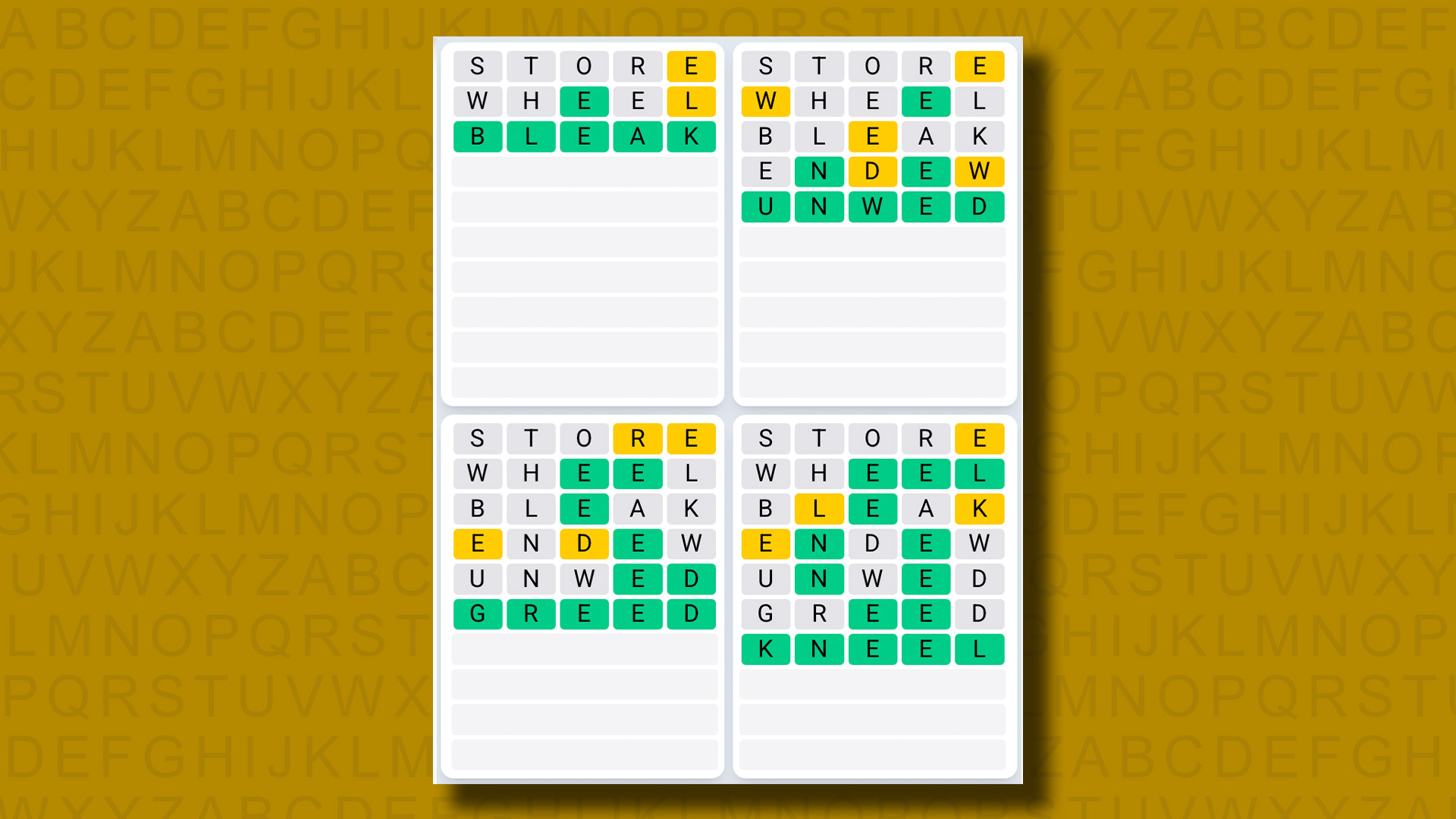 Quordle Daily Sequence answers for game 1280 on a yellow background