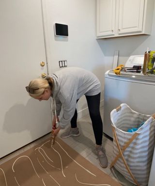 Cutting beadboard on the floor