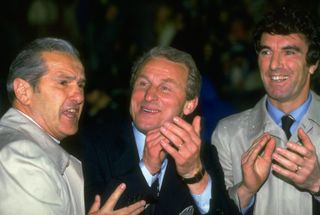 Giovanni Trapattoni (centre) celebrates with his coaching team after Juventus' win over Porto in the 1984 UEFA Cup Winners' Cup final.