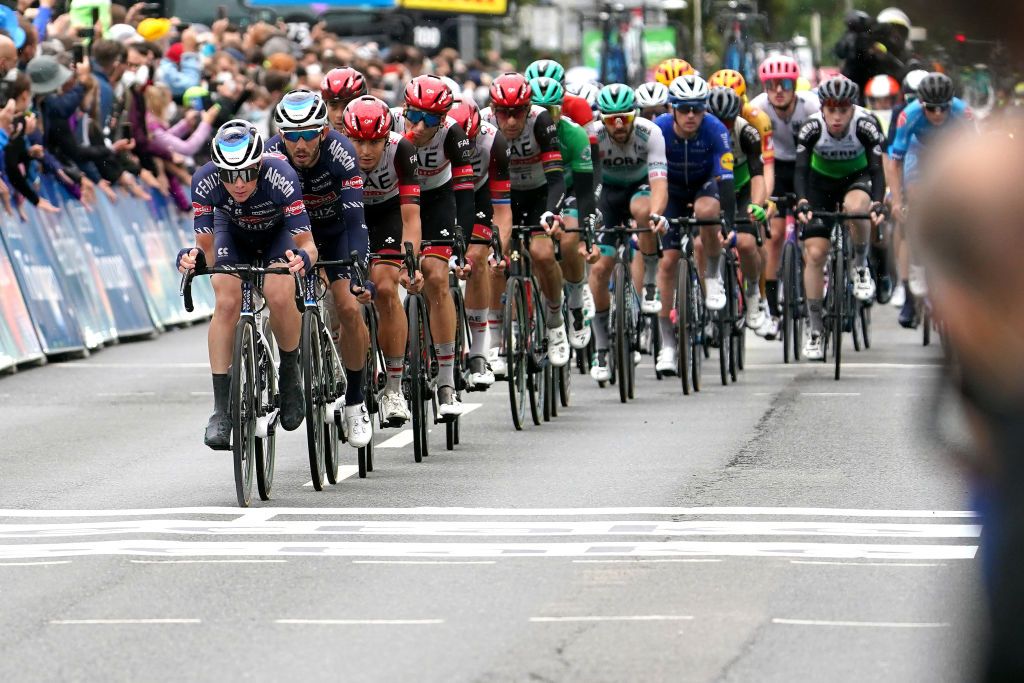 NUREMBERG GERMANY AUGUST 29 A general view of the peloton compete during the 35th Deutschland Tour 2021 Stage 4 a 1563km stage fro Erlangen to Nrnberg DeineTour on August 29 2021 in Nuremberg Germany Photo by Christian KasparBartkeGetty Images