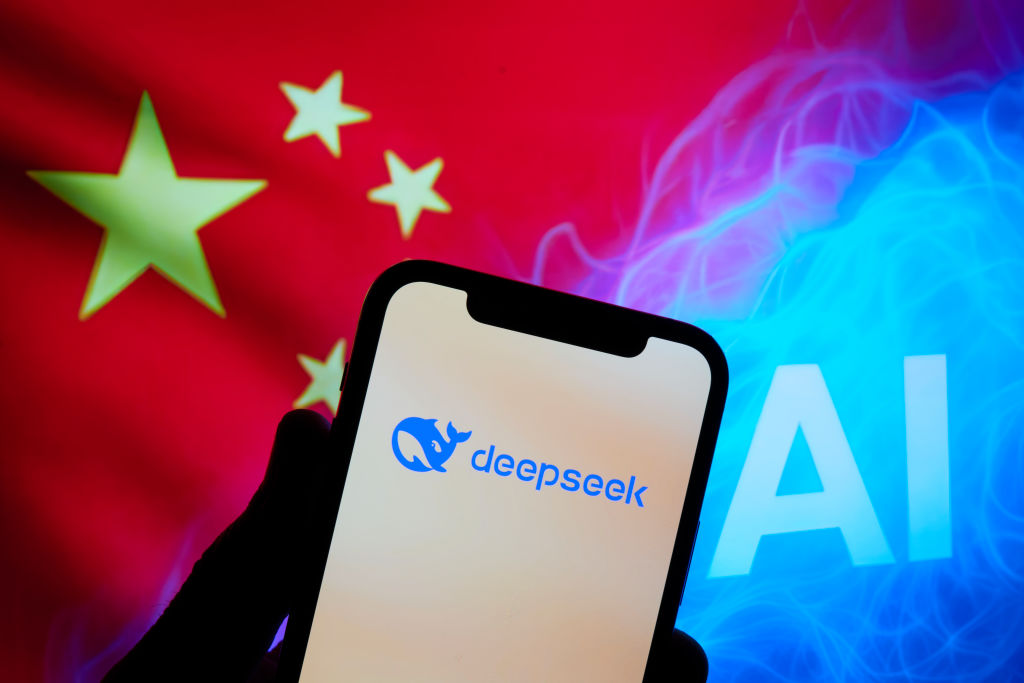Deepseek AI logo, with a background featuring the Chinese flag and the word ''AI'' surrounded by blue flames. The image symbolizes Chinese tech stocks' growing influence in artificial intelligence development and the role of Deepseek AI in this sector