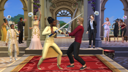 Two Sims swordfighting in the Sims 4 Royalty and Legacy