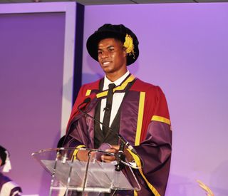 Marcus Rashford MBE collects honorary doctorate from the University of Manchester at the Old Trafford Centre (Manchester United Football Club)