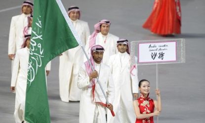 The Saudi Olympic team during the Beijing opening ceremony in 2008: The Muslim country prohibits women and girls from playing organized sports of any kind.