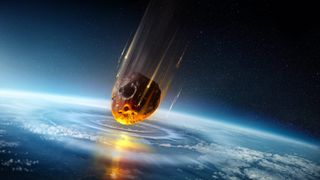 An illustration of a space rock headed toward Earth, creating disturbance in the atmosphere.