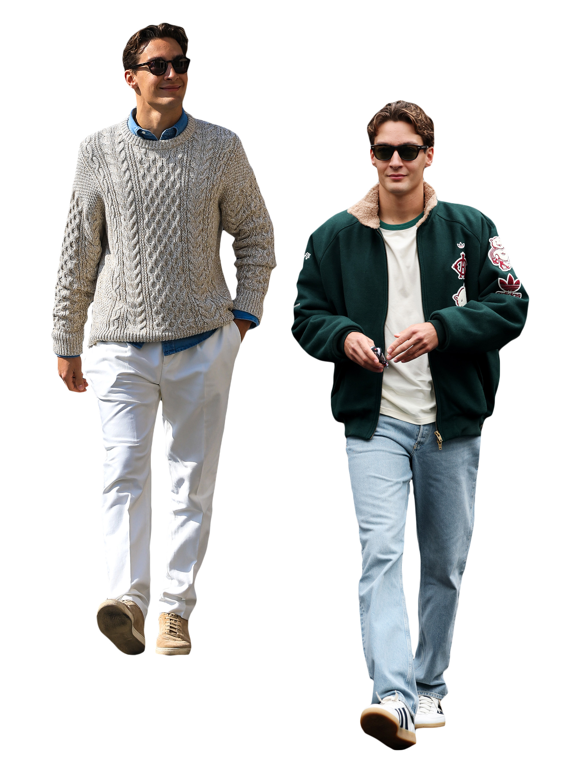 A collage of F1 paddock outfit photos of George Russell.