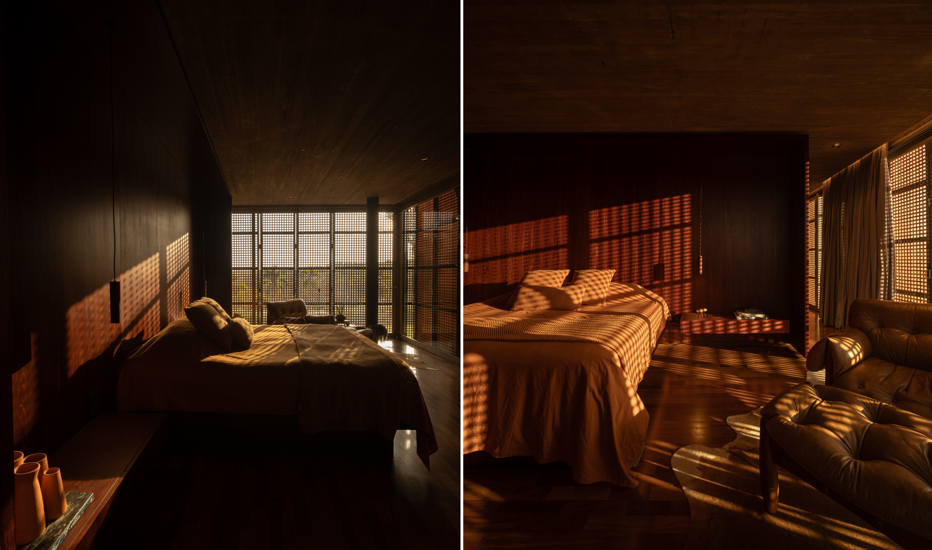 The bedrooms have wooden lattice privacy screens