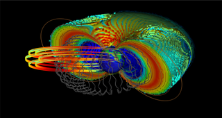 An illustration of Earth's Van Allen belts, with the trajectories of ultra-relativistic electrons in gray. The colorful loops in the foreground are the orbits of satellites that must pass through this electromagnetically dangerous area of space.