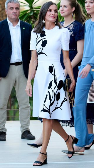 Queen Letizia of Spain, wearing a black and white outfit, attends the Princess of Girona Awards 2024