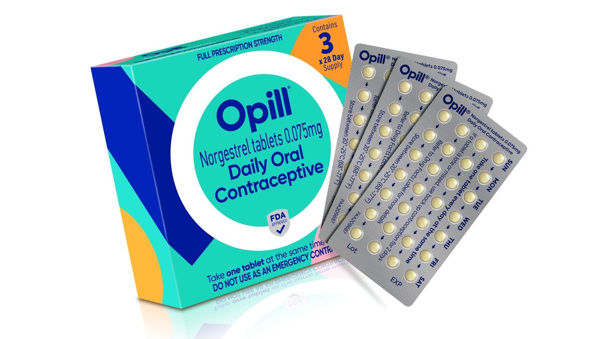 photo shows a colorful box labeled &quot;Opill, daily oral contraceptive&quot; which is next to three sealed packs of small white pills