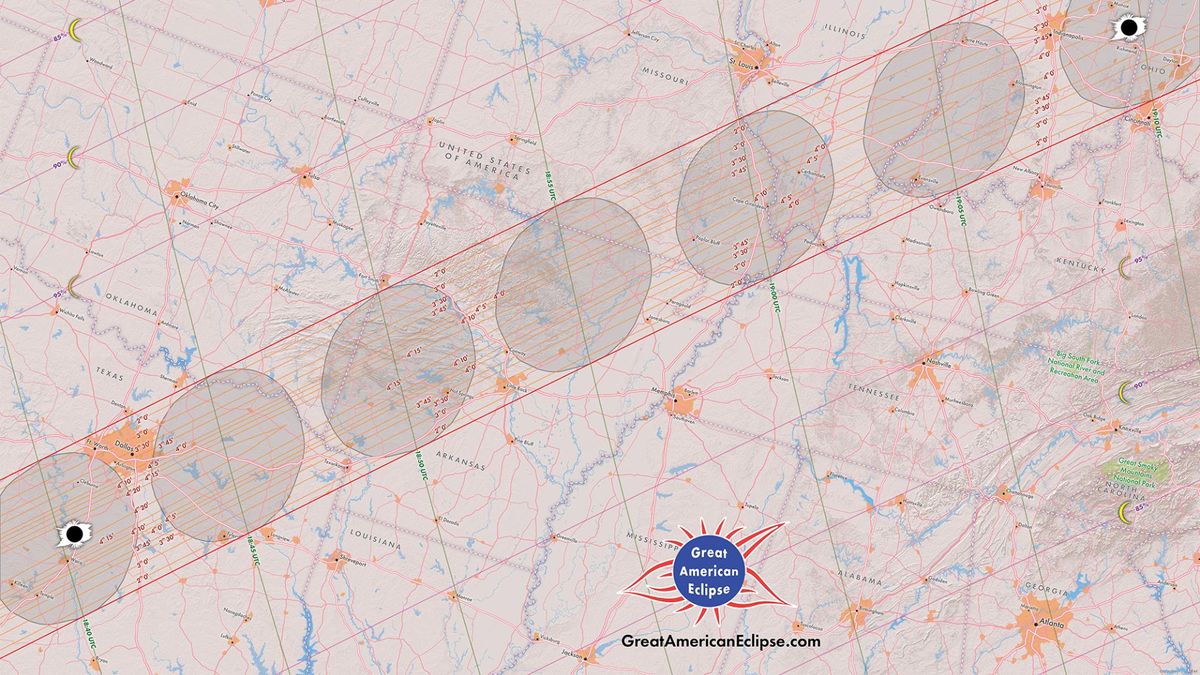 A map showing the circular shadow of the moon passing over the U.S.