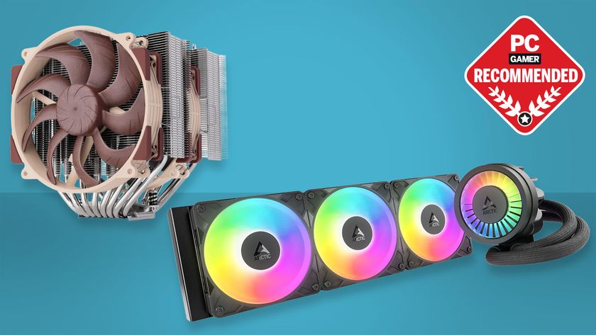 An air cooler from Noctua and a liquid cooler from Arctic on a blue background with the PC Gamer Recommended badge in the upper right.